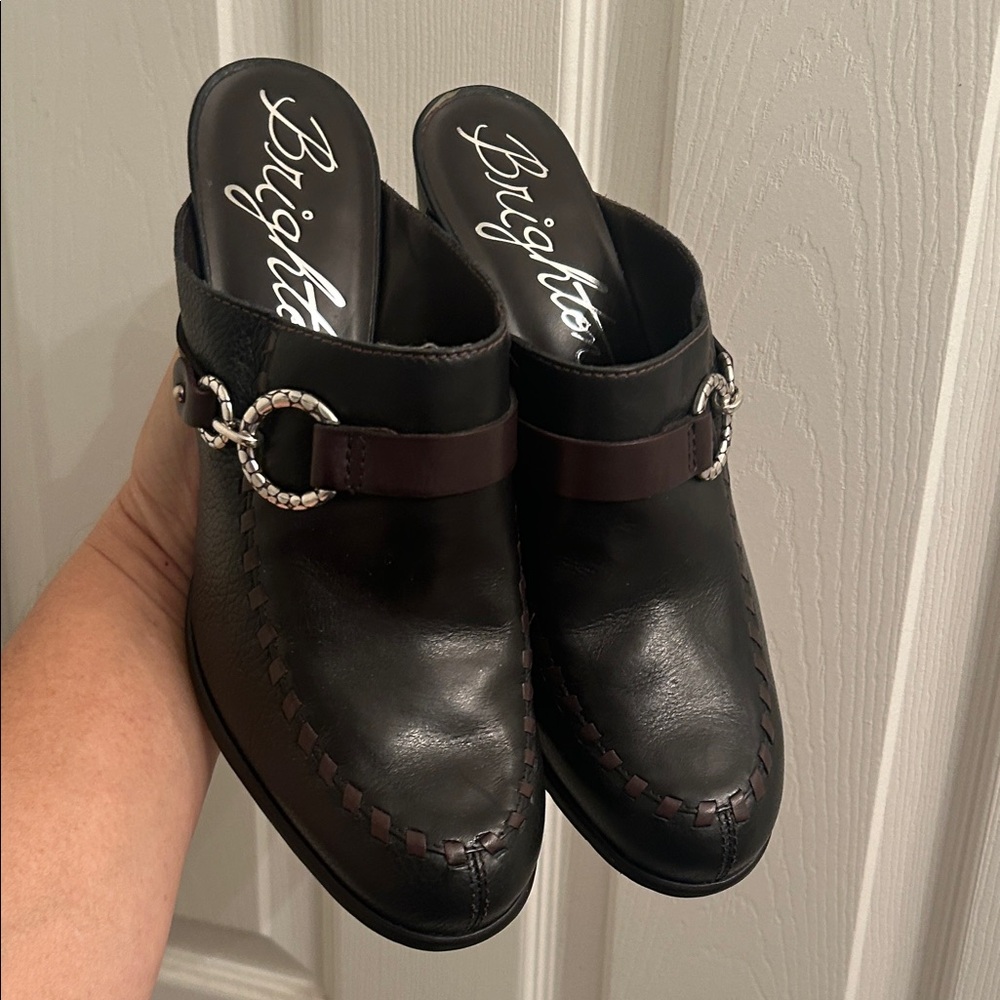 Brighton Gemini Black Leather Mules 10M – Silver Buckle Accents, 3.5” Heel